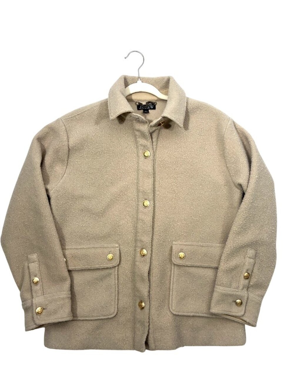 J.Crew Bouclé Shirt Jacket Size S Sandstone Tan Gold Buttons Collared old money